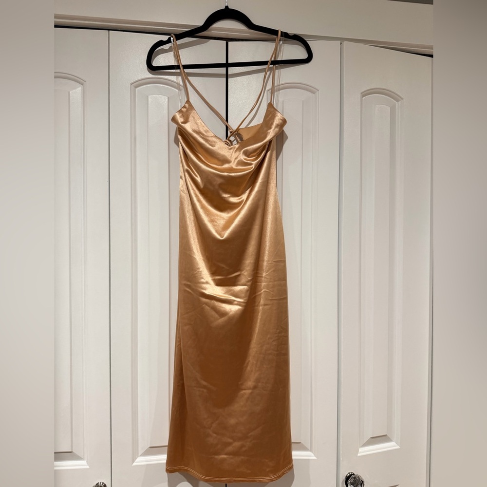 bebe Gold Satin Midi Dress medium nwt